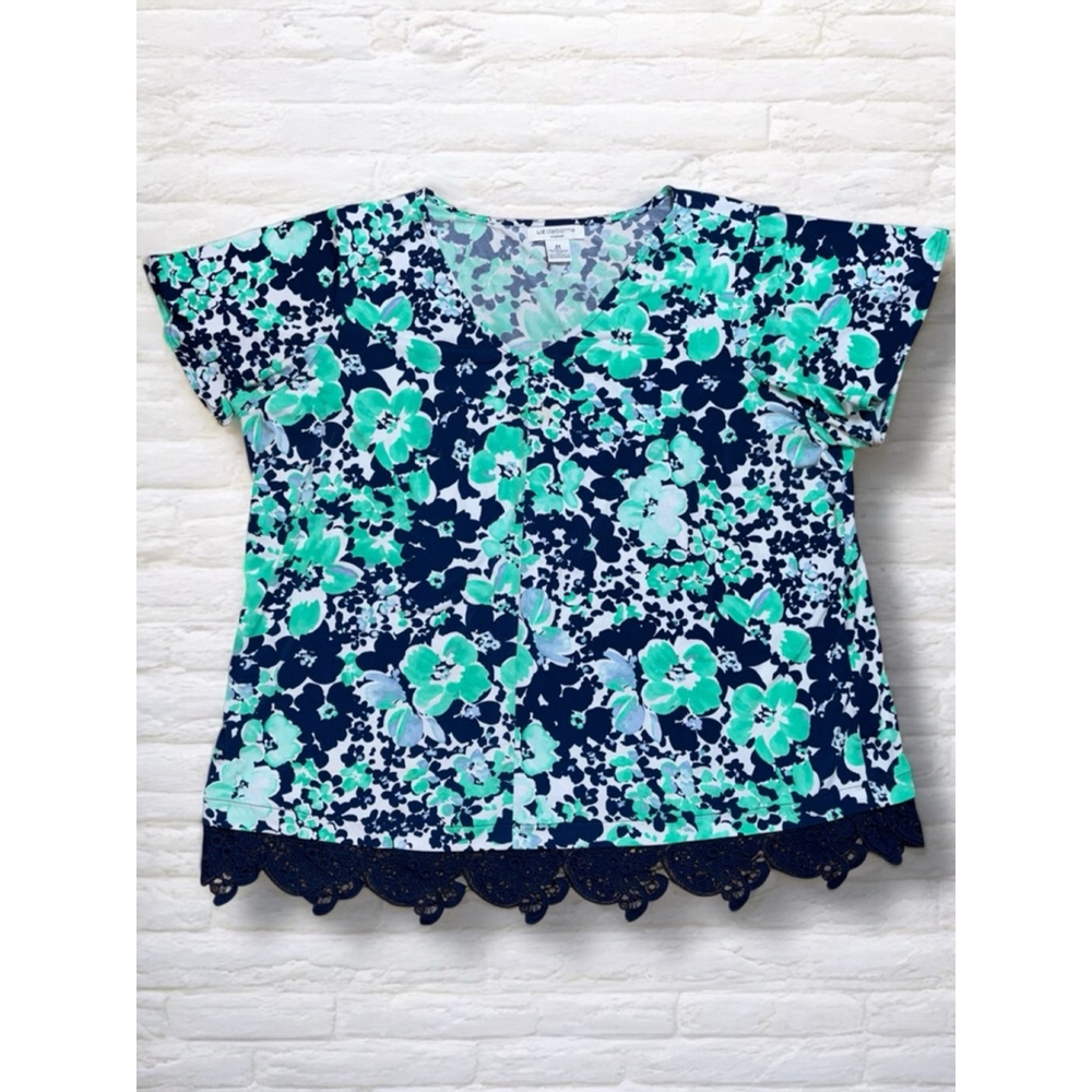 Liz Claiborne Women's 2X Blue Green White Floral V-Neck Blouse w/Lace Trim Femme